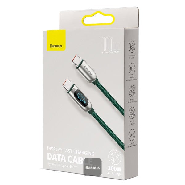 Baseus Type-C to Type-C Fast Charging Cable with LED Display – 100W, 5A, 1M -Smart Power Monitoring & Durable Design-Green