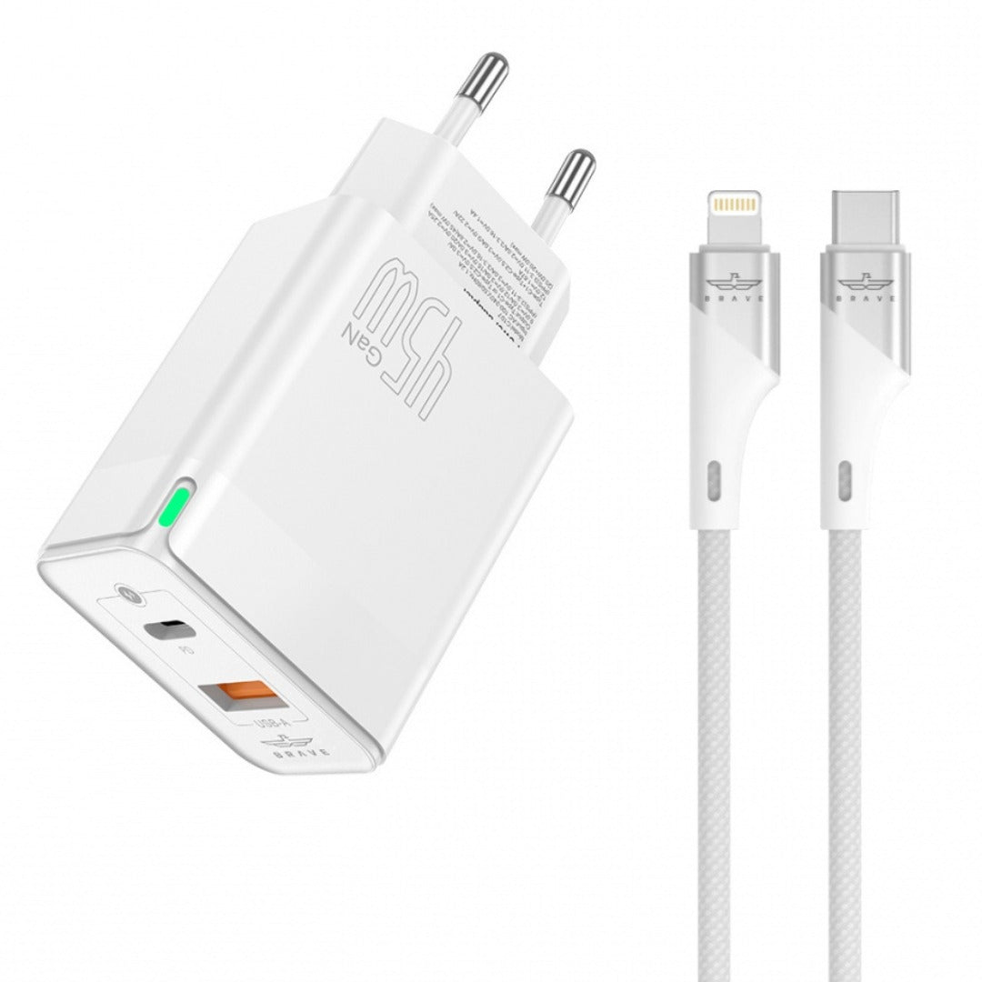 BRAVE 45W USB-C GaN Charger, 2-Port PD 3.0, with USB-C to Lightning Cable.