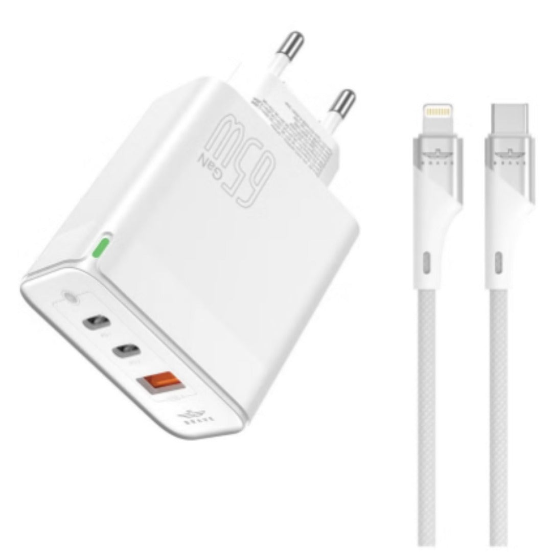 BRAVE 65W GaN Dual Type-C + USB-A Fast Charger Smart & Safe Protection Chip (Type-c to Lightning Cable)