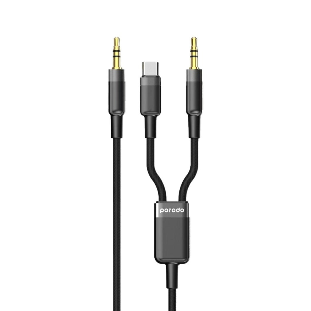 Porodo 2-in-1 AUX 3.5mm to 3.5mm + Type-C Coiled Audio Cable with Universal Compatibility, 1.2M - Black