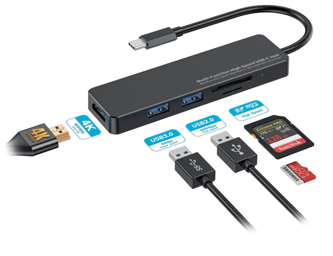 Porodo Blue 5-in-1 USB-C Hub with HDMI, USB 3.0, SD & MicroSD Slots