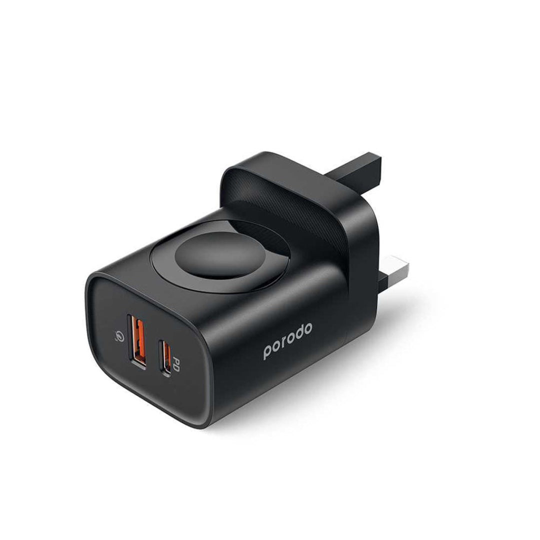Porodo Dual-Port Wall Charger with Apple Watch Dock and USB-C/USB-A Output