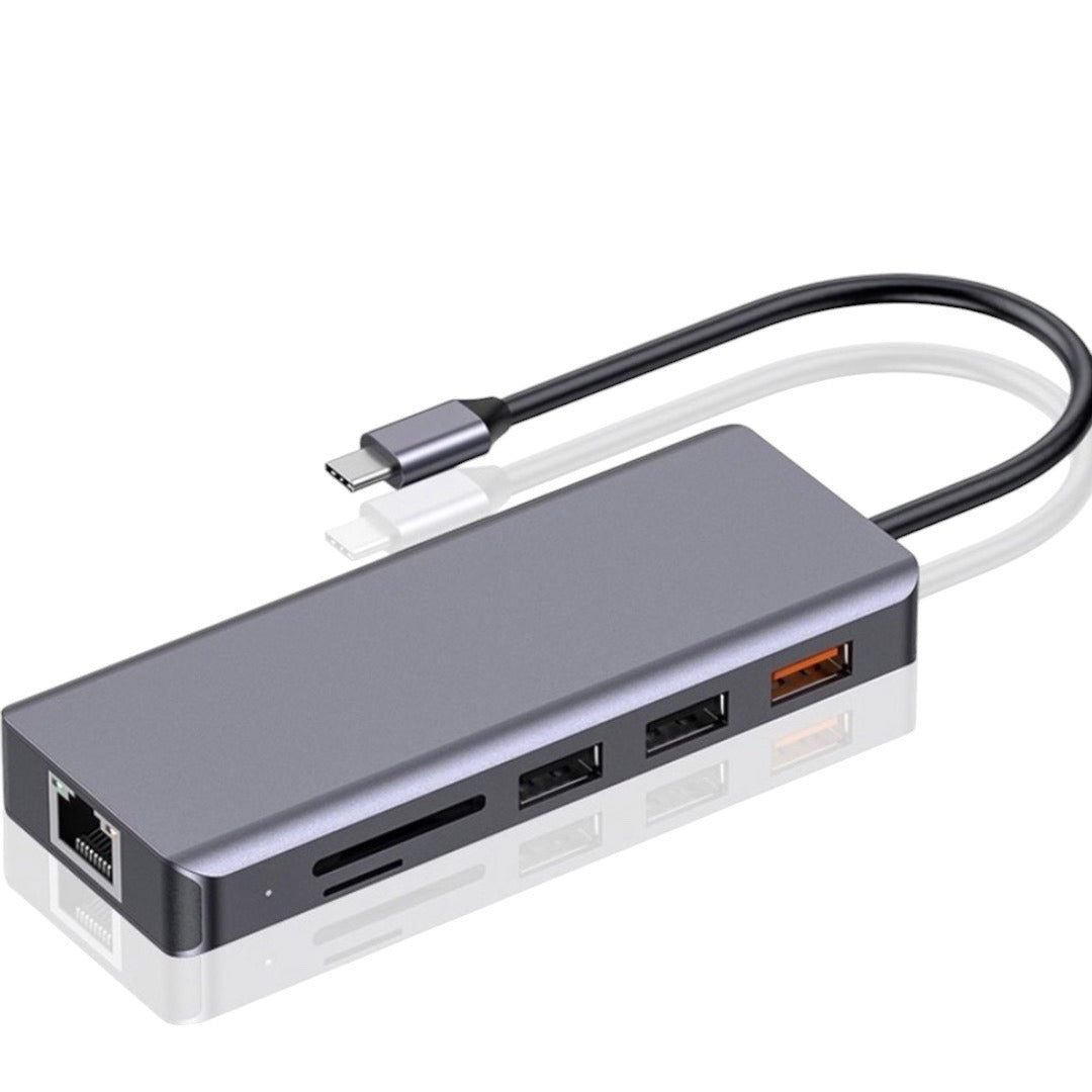 Porodo 9in1 USB-C Hub Type-C PD 100W HDMI Ethernet USB SD Card 3.5mm Aux - Grey