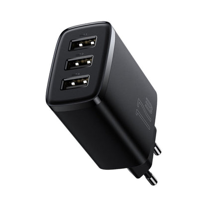 Baseus Compact Wall Charger 3U – 17W, 3 USB Ports, EU Plug – Black-Lightweight & Efficient Multi-Device Charging