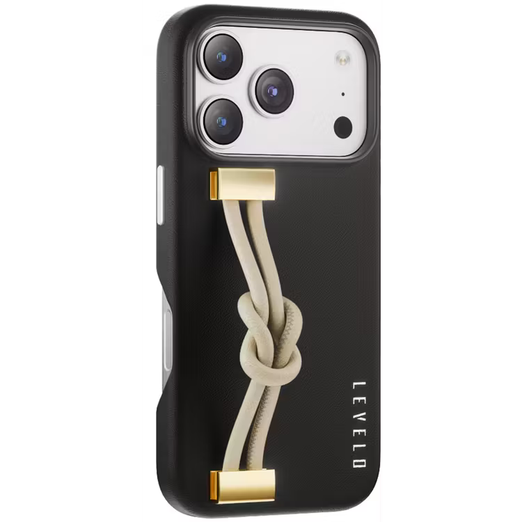 Levelo Polaris PU Leather Case with Wrist-Strap Grip for iPhone 17 Pro Max Black