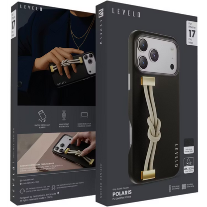 Levelo Polaris PU Leather Case with Wrist-Strap Grip for iPhone 17 Pro Max Black