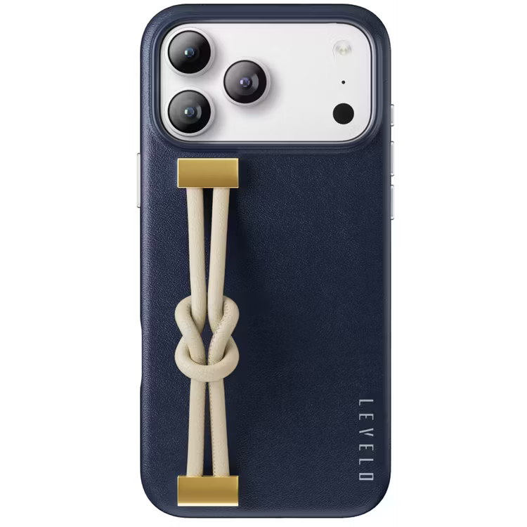 Levelo Polaris PU Leather Case with Wrist-Strap Grip for iPhone 17 Pro Max Blue