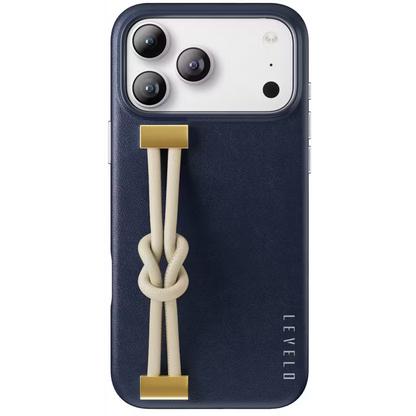 Levelo Polaris PU Leather Case with Wrist-Strap Grip for iPhone 17 Pro Max Blue
