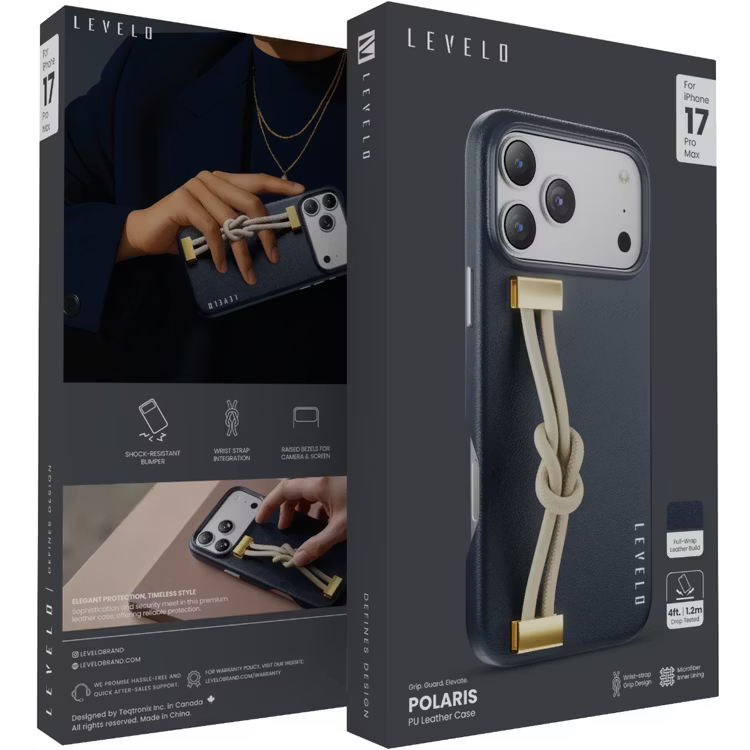 Levelo Polaris PU Leather Case with Wrist-Strap Grip for iPhone 17 Pro Max Blue