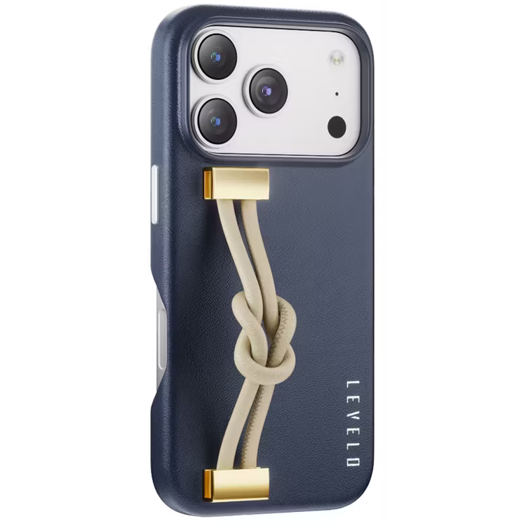 Levelo Polaris PU Leather Case with Wrist-Strap Grip for iPhone 17 Pro Max Blue
