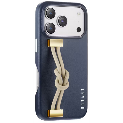 Levelo Polaris PU Leather Case with Wrist-Strap Grip for iPhone 17 Pro Max Blue