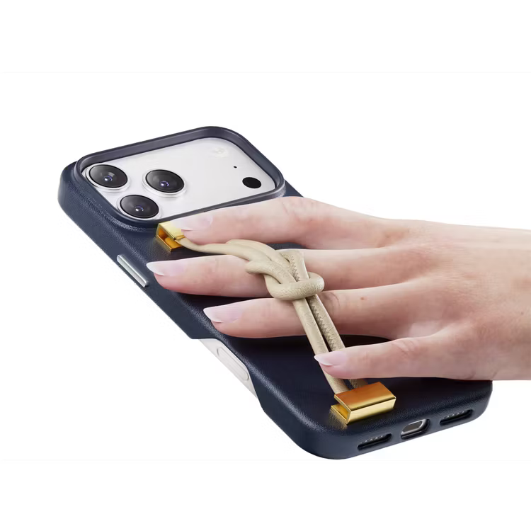 Levelo Polaris PU Leather Case with Wrist-Strap Grip for iPhone 17 Pro Max Blue