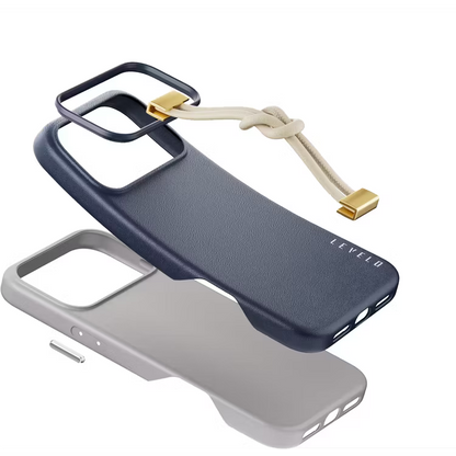 Levelo Polaris PU Leather Case with Wrist-Strap Grip for iPhone 17 Pro Max Blue