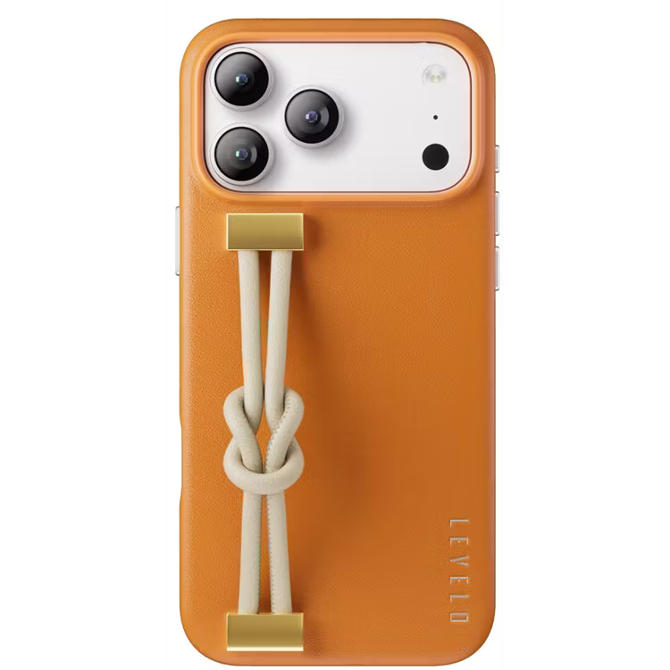 Levelo Polaris PU Leather Case with Wrist-Strap Grip for iPhone 17 Pro Max Orange