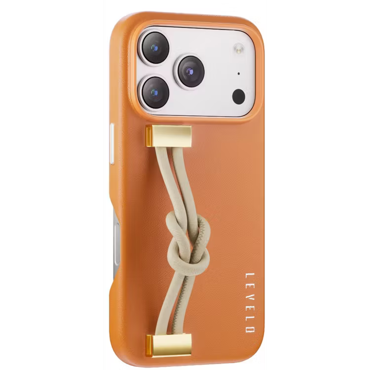 Levelo Polaris PU Leather Case with Wrist-Strap Grip for iPhone 17 Pro Max Orange