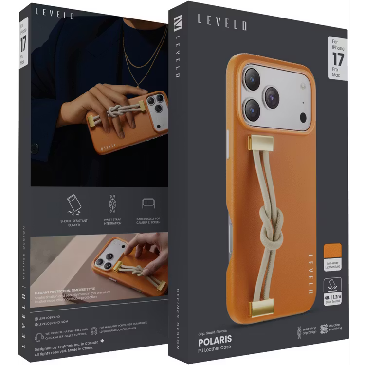 Levelo Polaris PU Leather Case with Wrist-Strap Grip for iPhone 17 Pro Max Orange