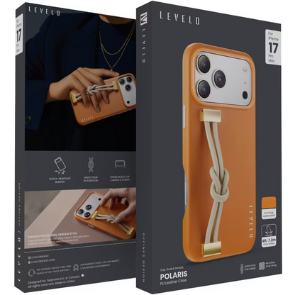 Levelo Polaris PU Leather Case with Wrist-Strap Grip for iPhone 17 Pro Max Orange