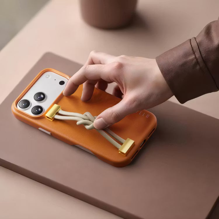 Levelo Polaris PU Leather Case with Wrist-Strap Grip for iPhone 17 Pro Max Orange