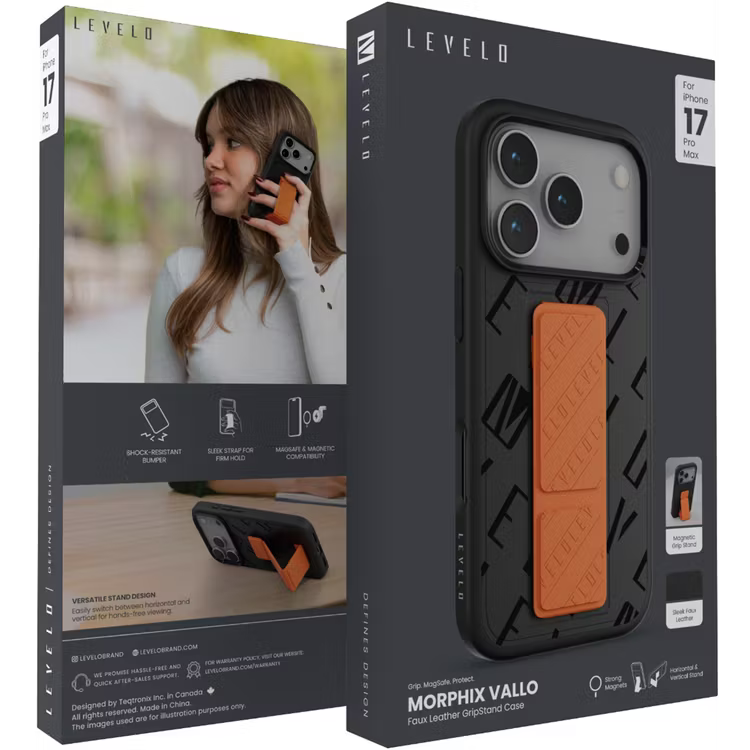 Levelo Morphix Vallo Faux Leather GripStand Case for iPhone 17 Pro Onyx Flame