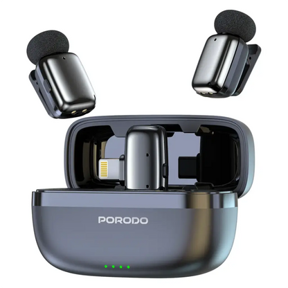Porodo Wireless Dual Lavalier Microphones – Lightning Connector – Black – Plug & Play for iPhone & iPad