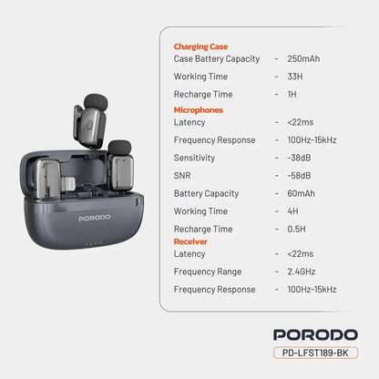 Porodo Wireless Dual Lavalier Microphones – Lightning Connector – Black – Plug & Play for iPhone & iPad