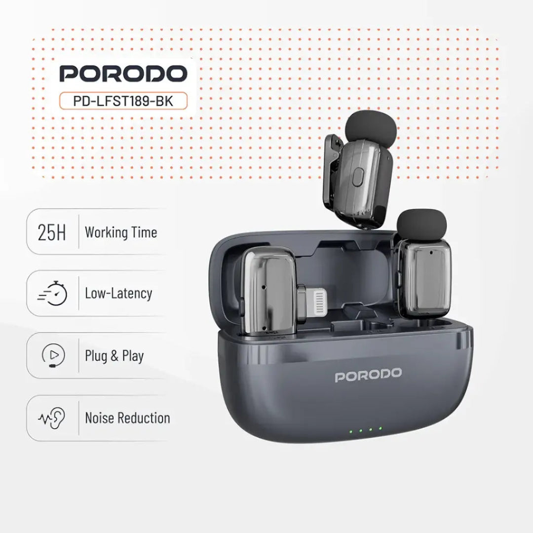 Porodo Wireless Dual Lavalier Microphones – Lightning Connector – Black – Plug & Play for iPhone & iPad