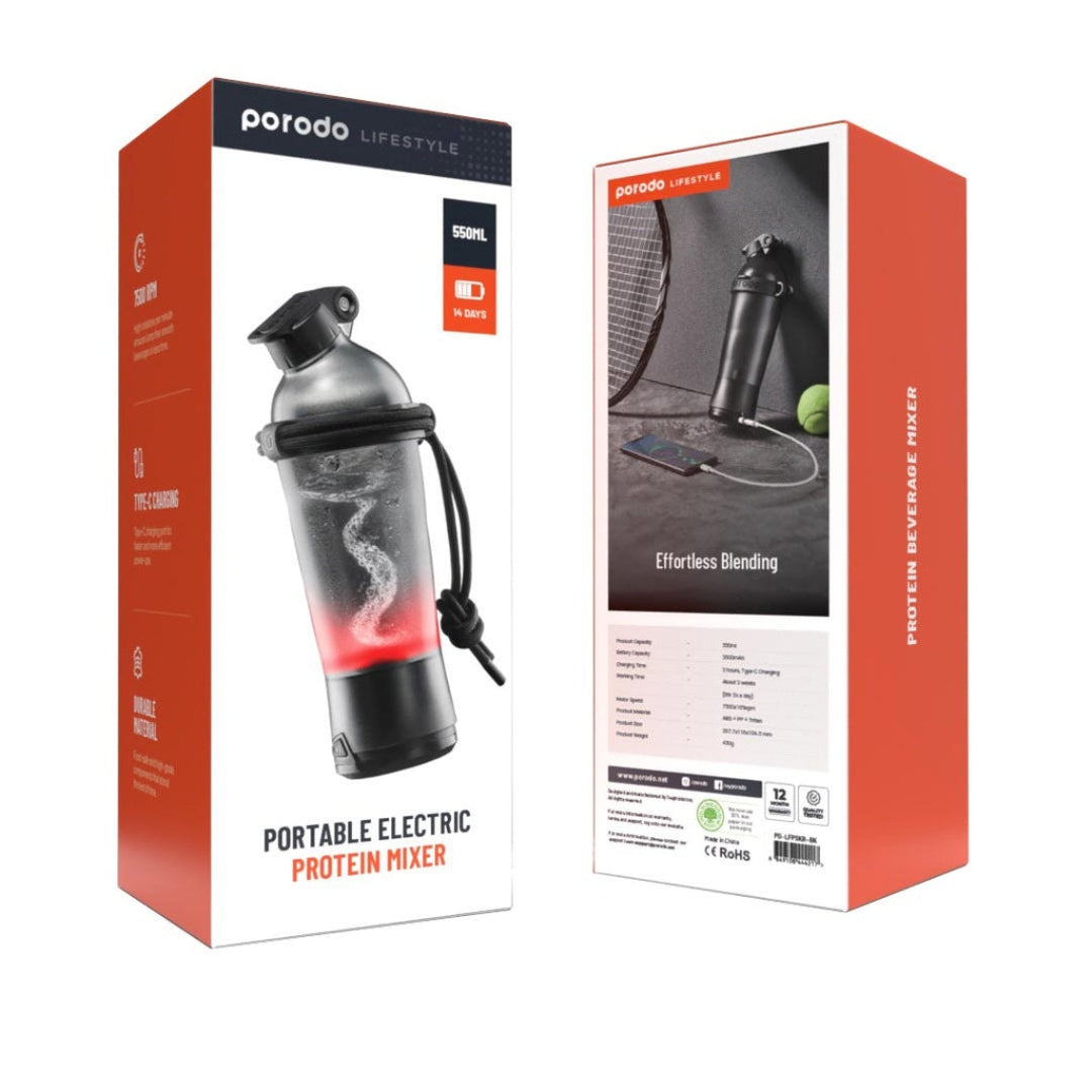 Porodo Portable Electric Protein Mixer – Rechargeable, Leak-Proof, BPA-Free, Black
