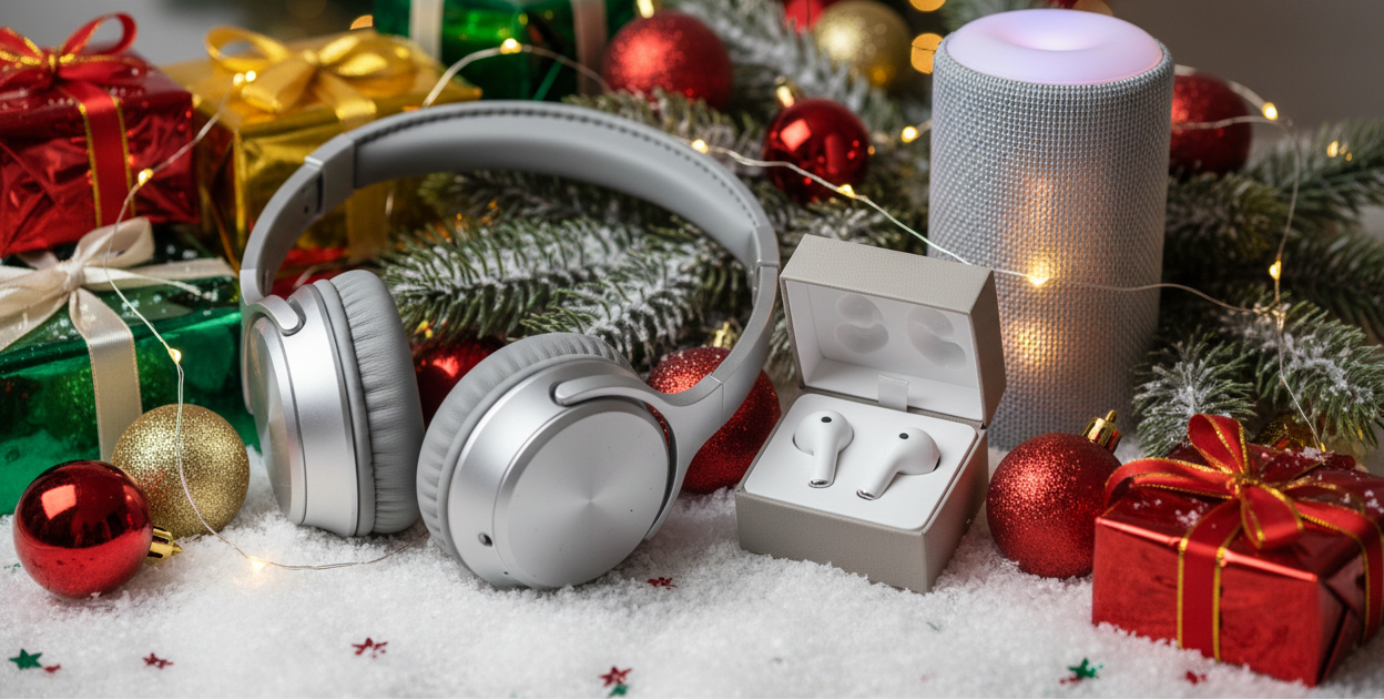 headphones, earbuds, and speakers with christmas vibes