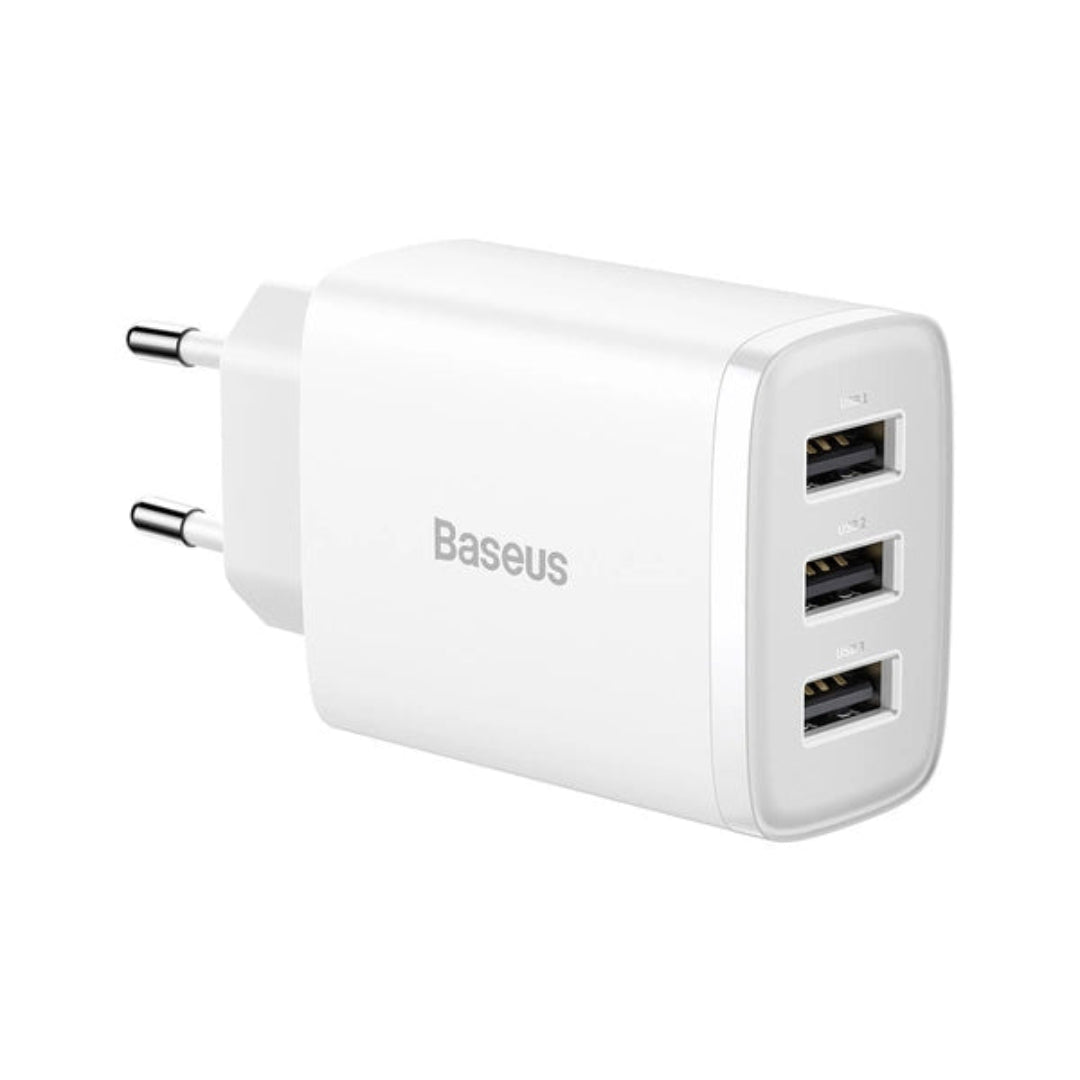 Baseus Compact 3-Port USB Charger – 17W Total Output-Efficient, Portable-White
