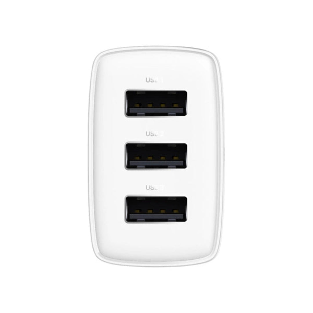 Baseus Compact 3-Port USB Charger – 17W Total Output-Efficient, Portable-White