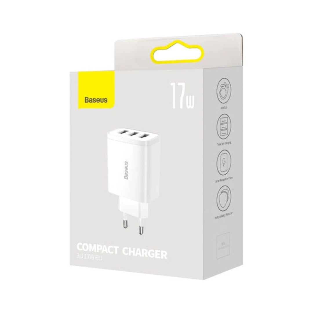 Baseus Compact 3-Port USB Charger – 17W Total Output-Efficient, Portable-White