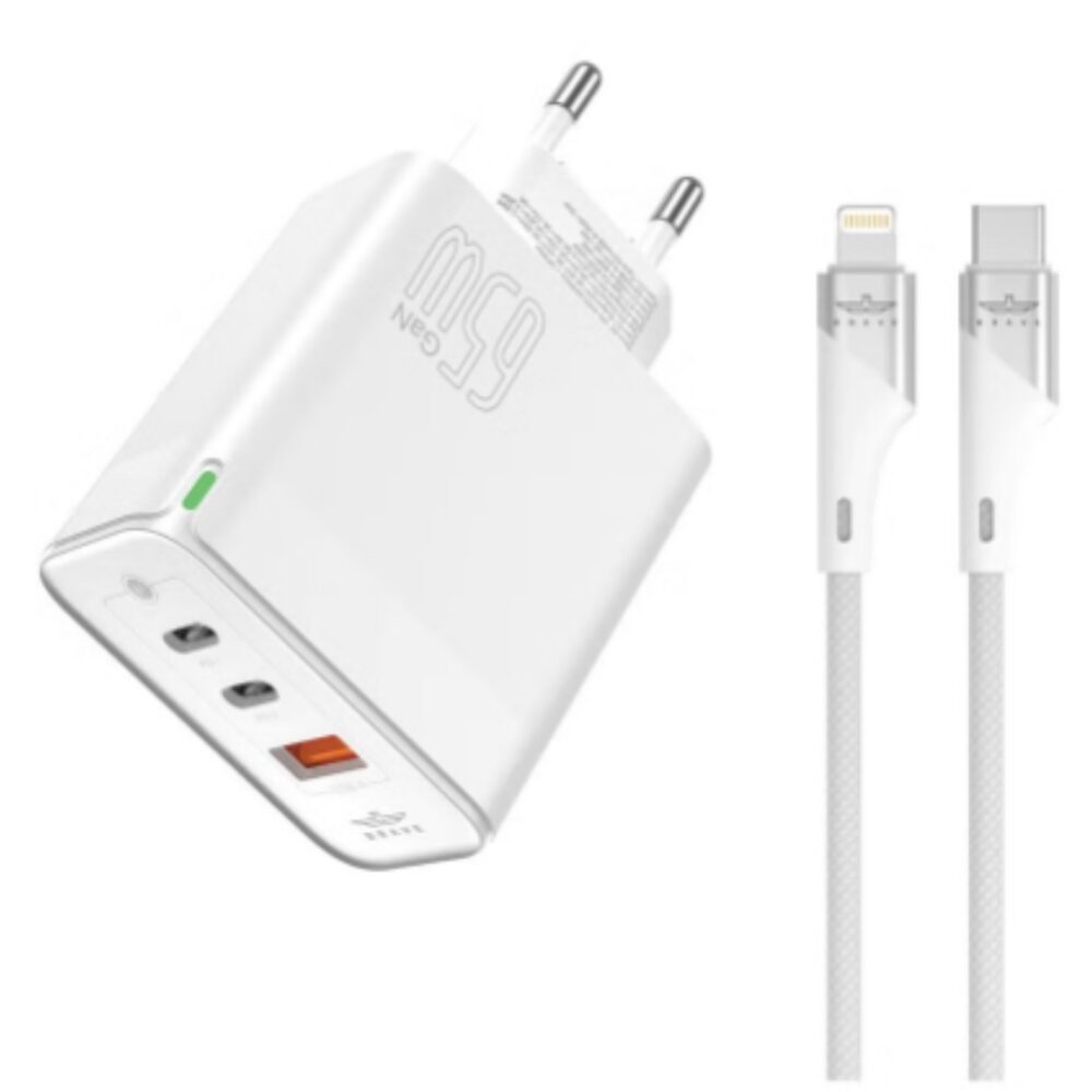 BRAVE 65W GaN Dual Type-C + USB-A Fast Charger Smart & Safe Protection Chip (Type-c to Lightning Cable)