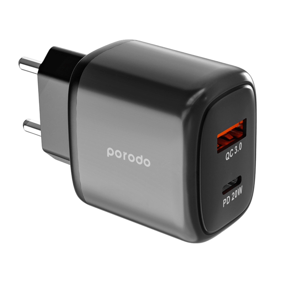 Porodo Dual Output USB-C PD And USB-A QC Quick Charger EU