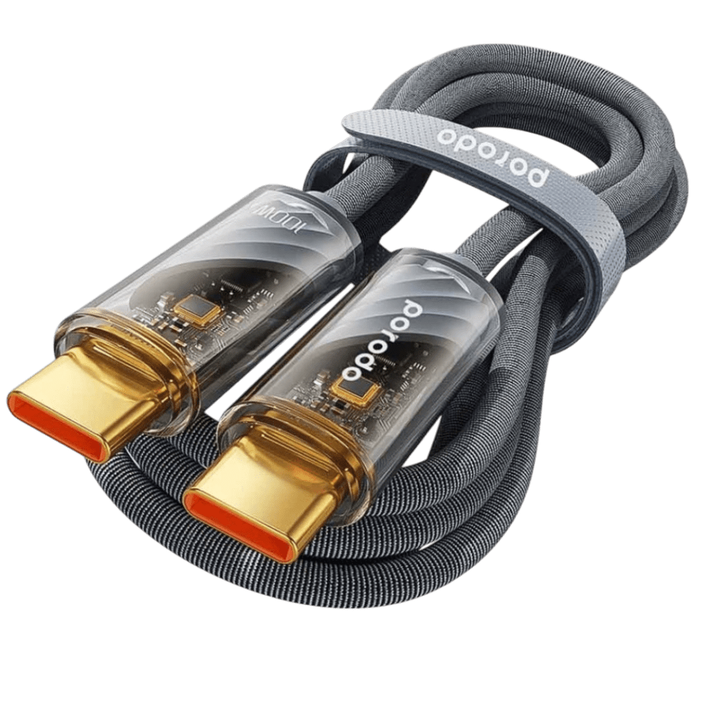 Porodo Braided 100W PD C to C Cable With Transparent Head 1M - Grey