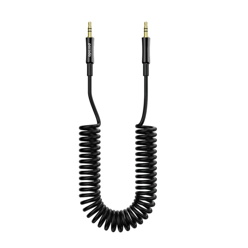 Porodo AUX 3.5mm to 3.5mm Coiled Audio Cable with Auto-Retract, 1.2M - Black