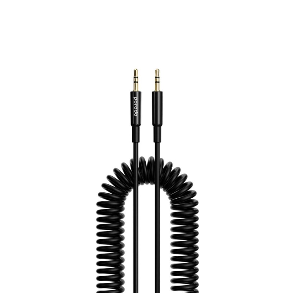 Porodo AUX 3.5mm to 3.5mm Coiled Audio Cable with Auto-Retract, 1.2M - Black