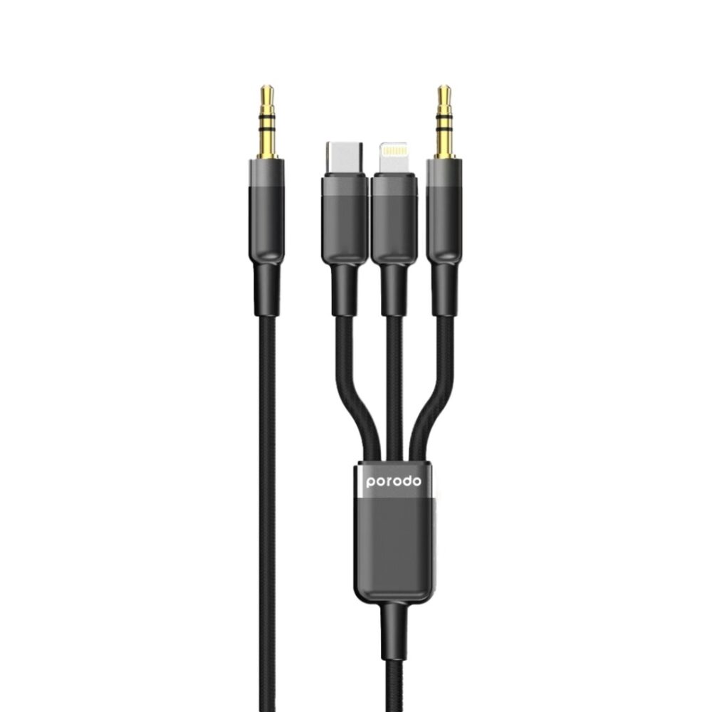 Porodo 3-in-1 AUX Cable 3.5mm to 3.5mm + USB-C + Lightning Connector 1.2M - Black